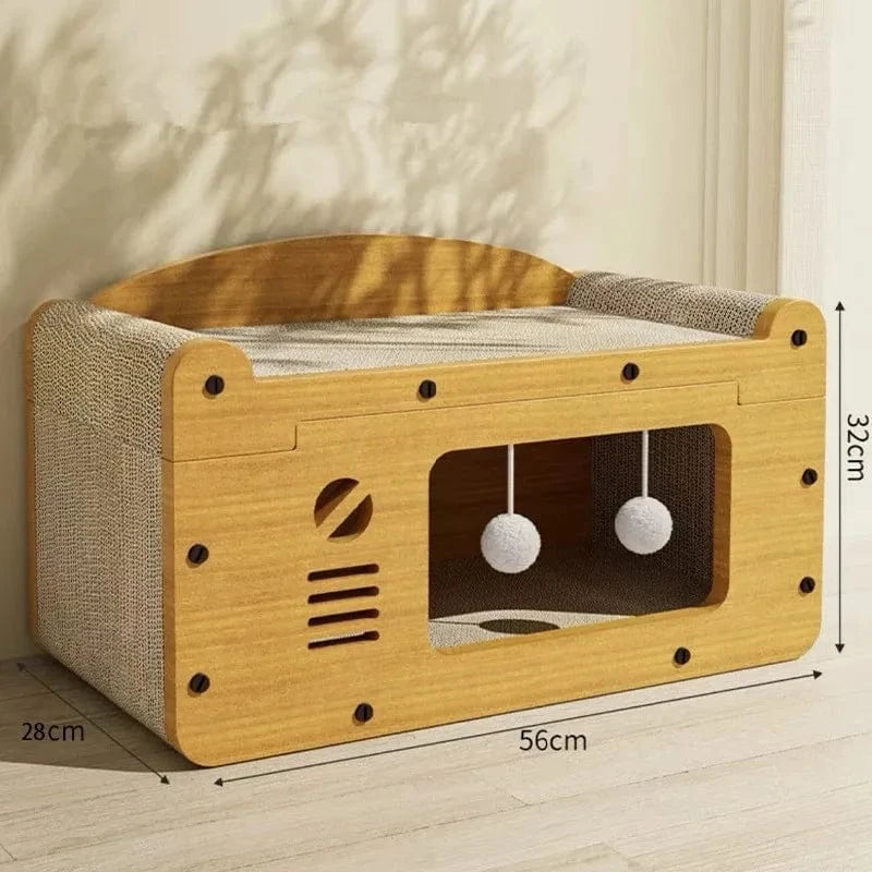 Griffoir Panier Chat Bois Double Couche avec Jouets - "Cozy Apartment"