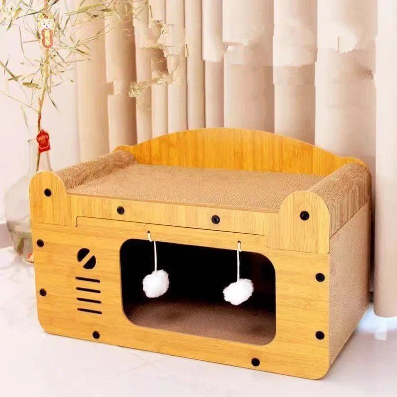 Griffoir Panier Chat Bois Double Couche avec Jouets - "Cozy Apartment"