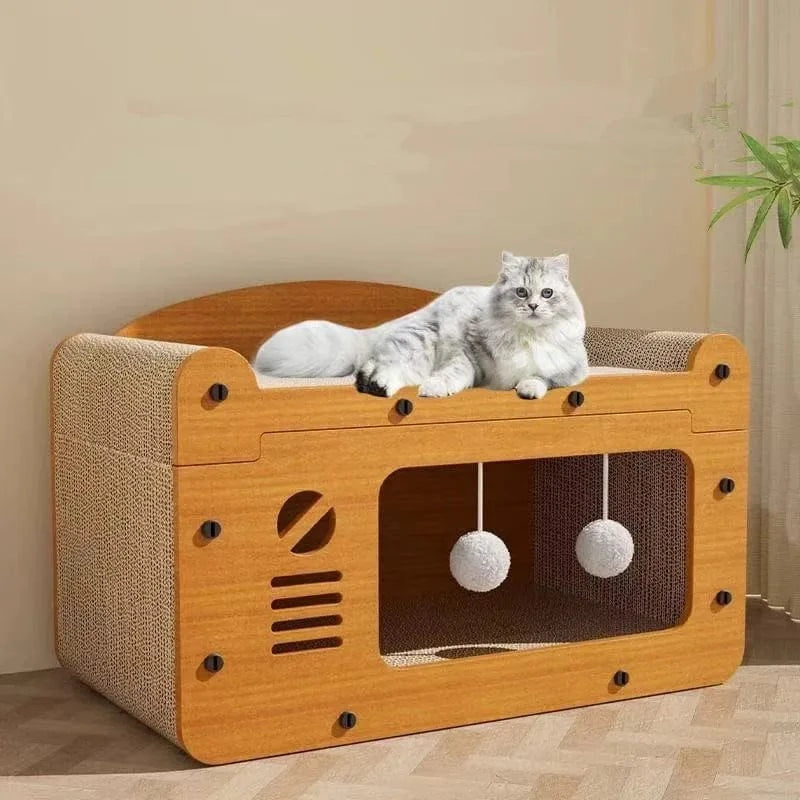 Griffoir Panier Chat Bois Double Couche avec Jouets - "Cozy Apartment"