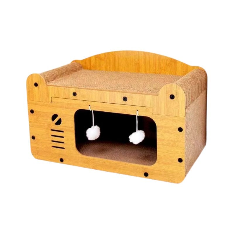 Griffoir Panier Chat Bois Double Couche avec Jouets - "Cozy Apartment"